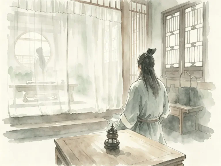 中式淡彩水墨国风宣纸插画，96 版笑傲江湖冲盈绿竹巷初遇场景，令狐冲隔薄纱望见抚琴的任盈盈，柔和胶片古风柔光