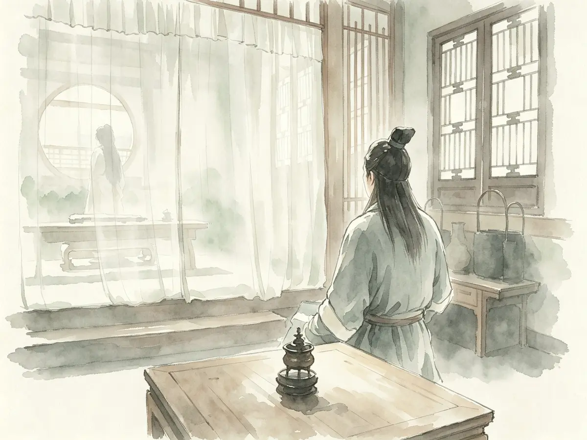 中式淡彩水墨国风宣纸插画，96 版笑傲江湖冲盈绿竹巷初遇场景，令狐冲隔薄纱望见抚琴的任盈盈，柔和胶片古风柔光