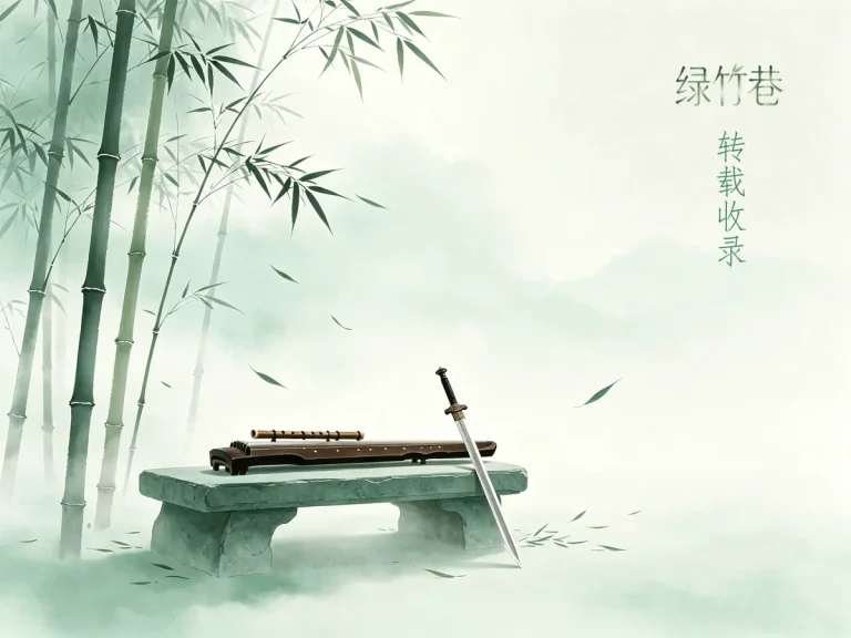 绿竹巷网站转载文章特色图,淡墨竹林雾气石凳,摆放古琴玉箫长剑,笑傲江湖原著意象国风水墨背景
