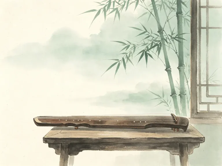 一把瑶琴置于竹窗内，笑傲江湖绿竹巷意境场景
