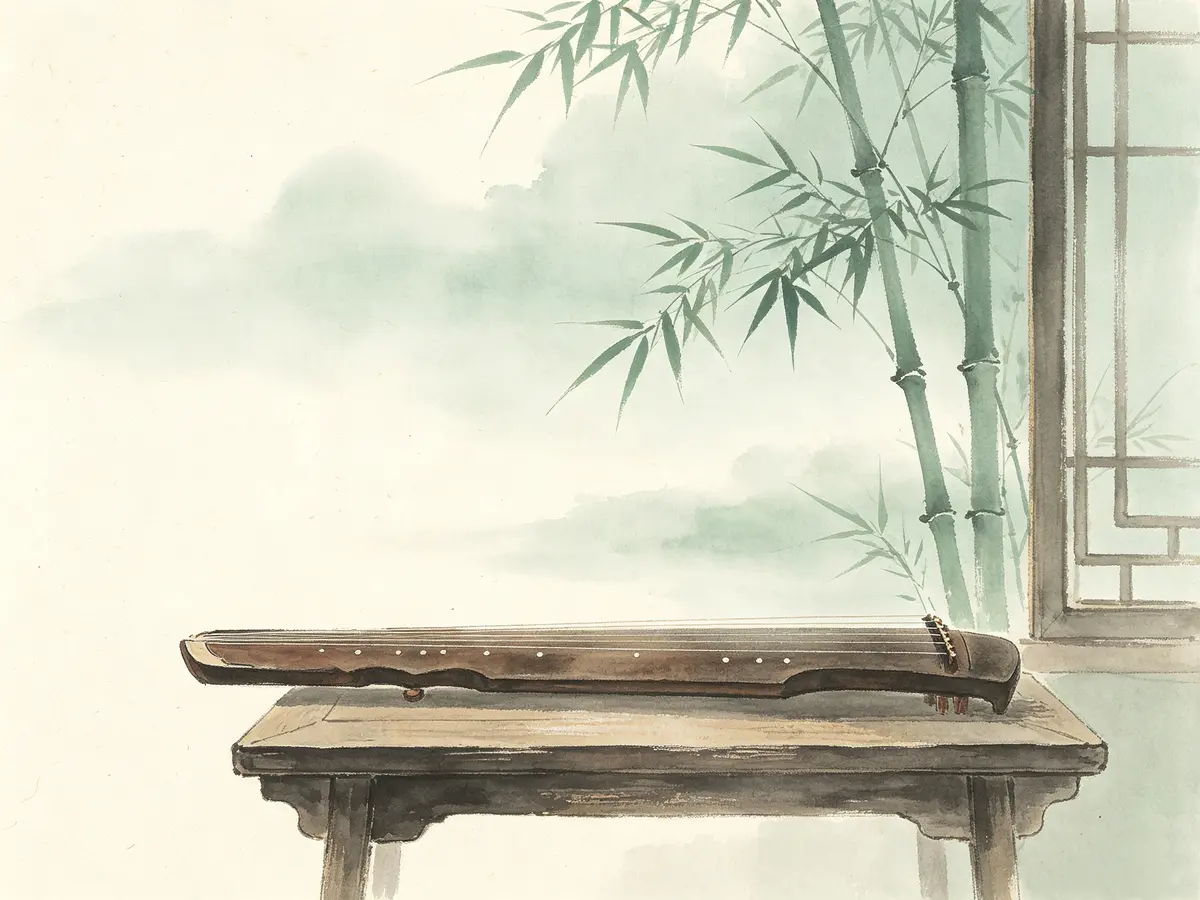 一把瑶琴置于竹窗内，笑傲江湖绿竹巷意境场景