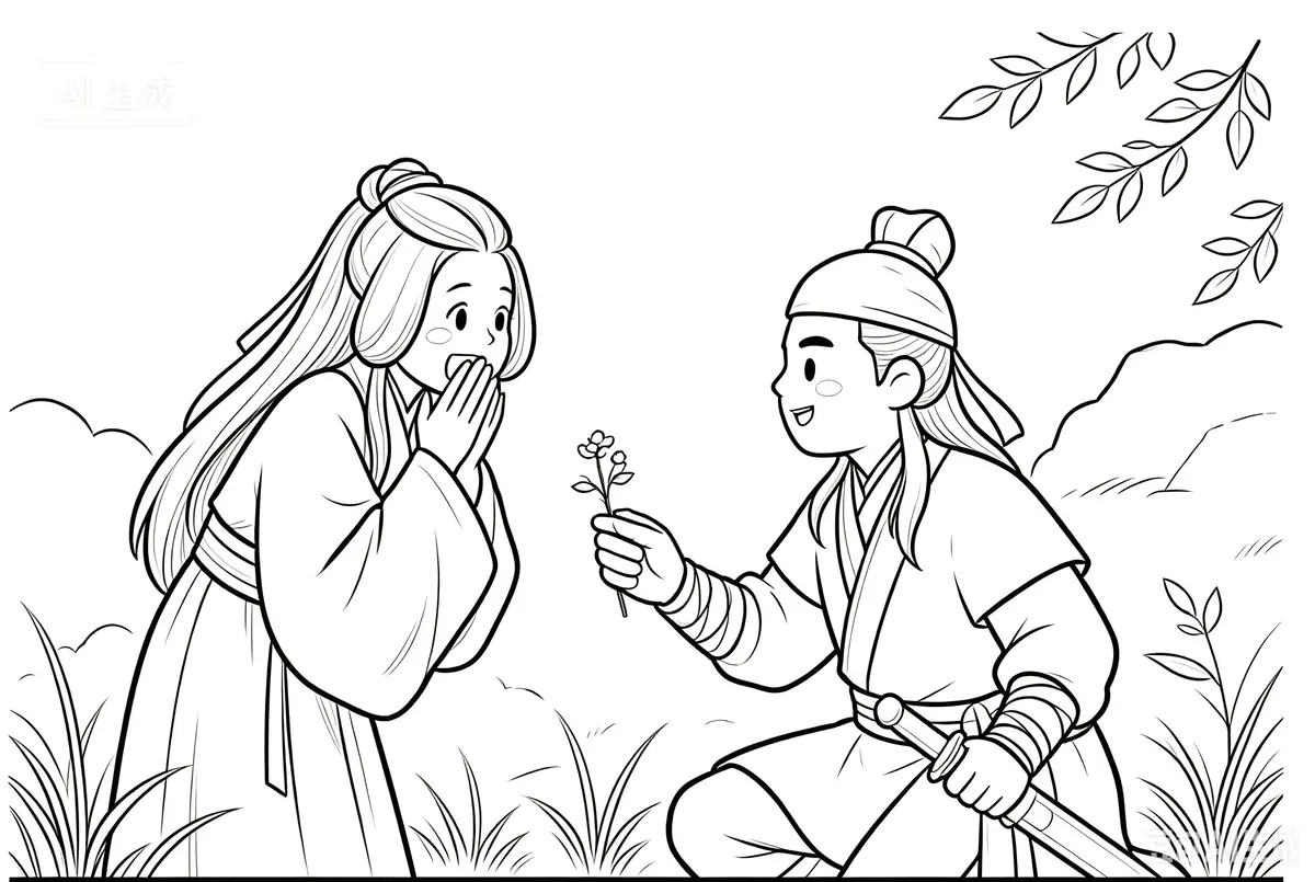 冲盈99,七夕,令狐冲送花给任盈盈,AI生图